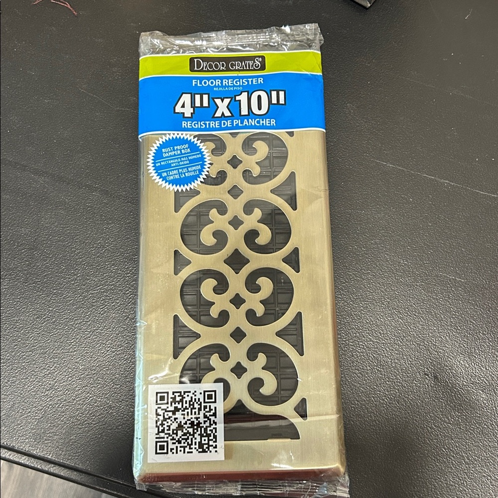 NWT Decor Floor Register 4” x 10” Antique Brass Finish Scroll Design.